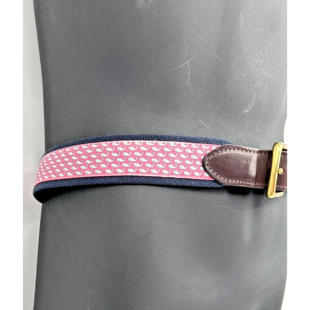 Vineyard Vines Men's Blue Woven Cotton Pink Canvas Whale Logo Golf Belt Size S/M